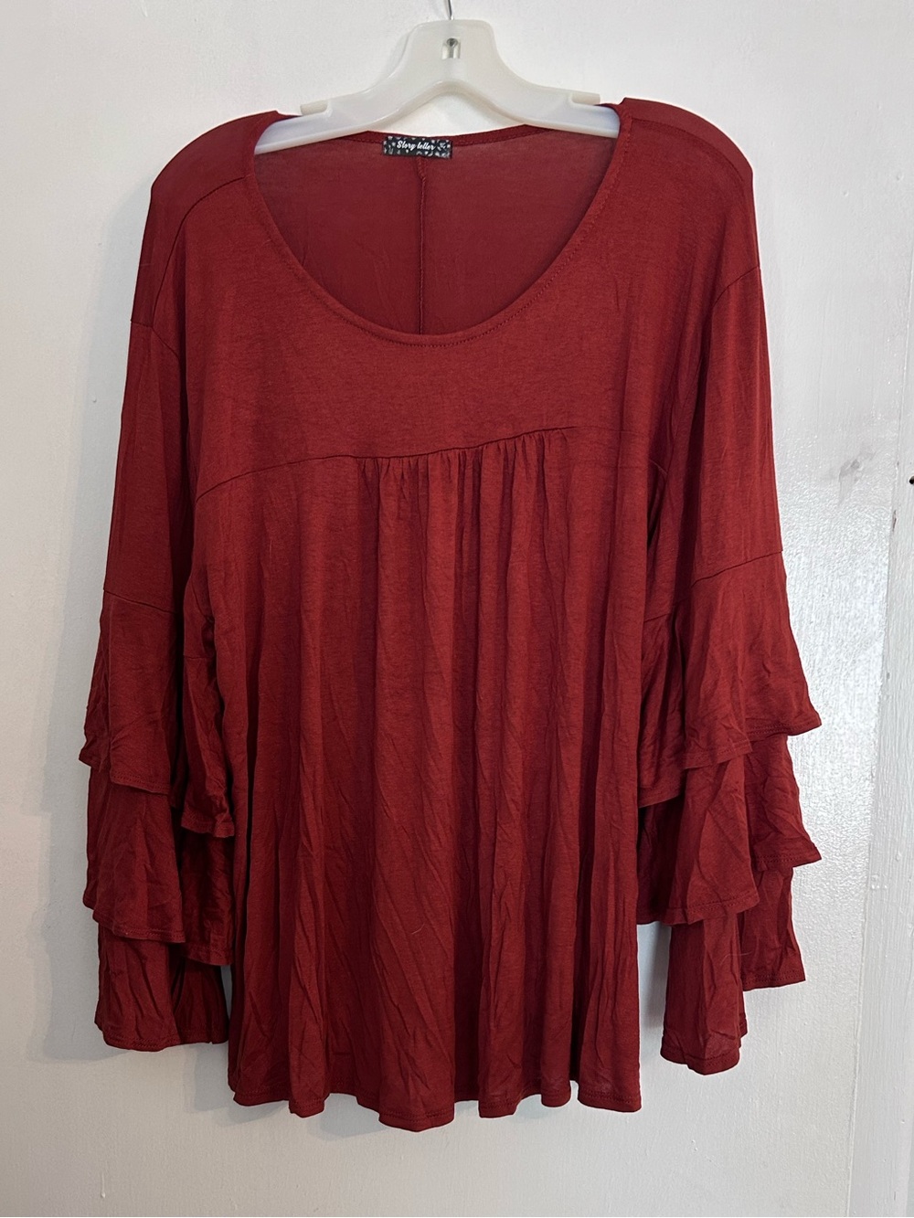 Flowy Ruffled Sleeve Scoop Neck Blouse - Rust